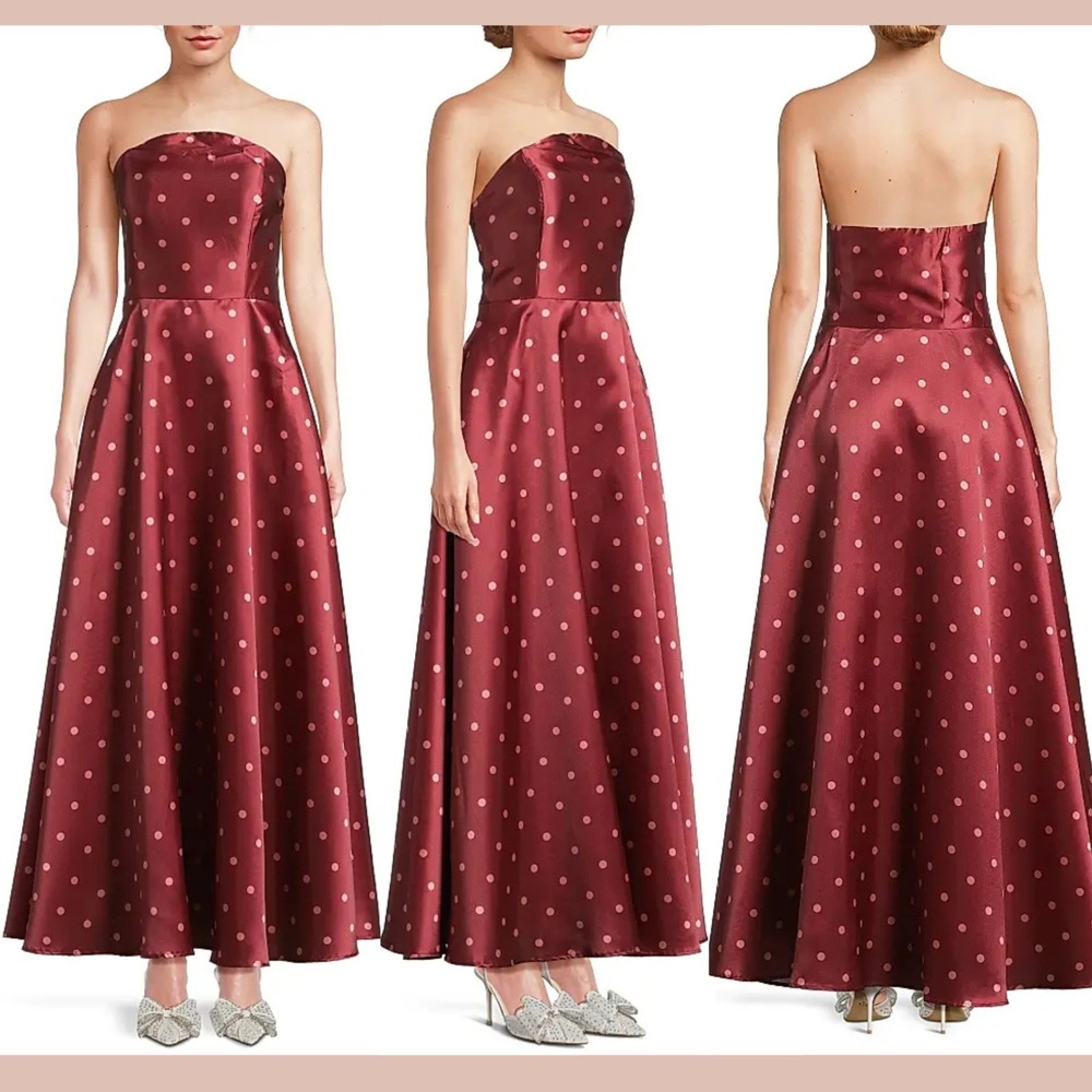 NEW $350 Hutch [ 4 ] Victoria Polka‎ Dot Strapless Gown in Pomegranate Red Q1297